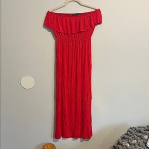Red Strapless Maxi Dress with Ruffle Neckline